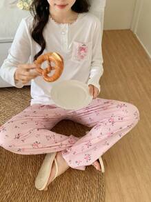 少女纯色前扣领蕾丝口袋碎花优雅休闲睡衣套装，配有长袖上衣和裤子