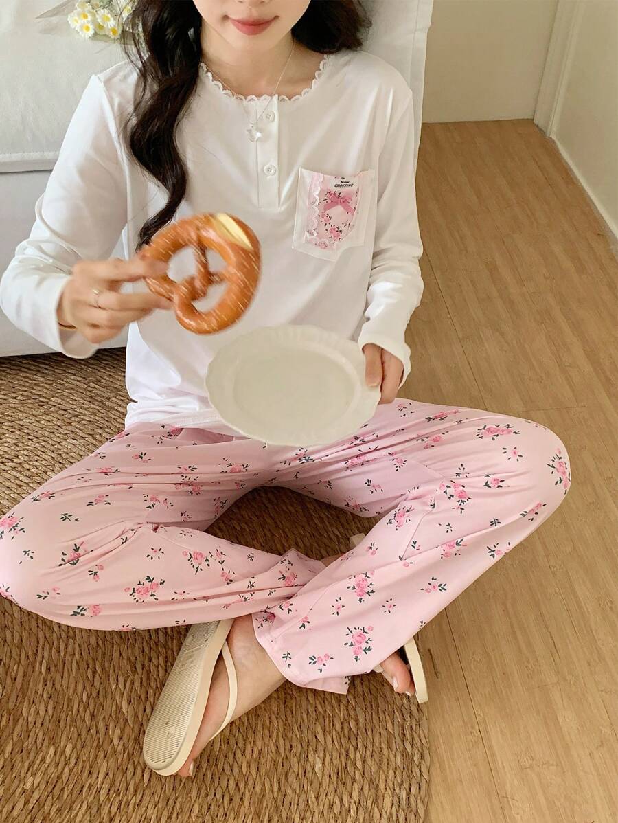 少女纯色前扣领蕾丝口袋碎花优雅休闲睡衣套装，配有长袖上衣和裤子