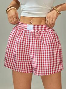 SHEIN PETITE Women High Waist Plaid Shorts, Fashionable For Summer,Flowy Shorts