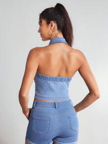 SHEIN Tall 女士牛仔衬衫，纯色，时尚，适合夏季 - 黑色 - 查看 2