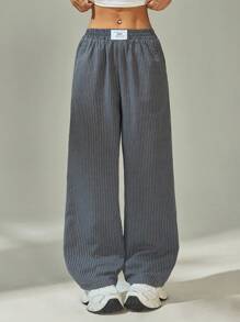 SHEIN PETITE Women's Letter & Striped Pockets Casual Straight-Leg Pants Y2k - Grey - View 7