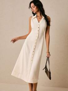 Poéselle Women Sleeveless Plain Minimalist Mid-Length Dress Suitable For Summer - White - View 3