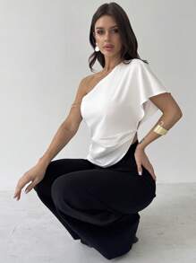 Firerie 女士春夏休闲优雅办公及婚礼宾客着装，不对称下摆纹理单肩收腰上衣，毕业典礼、教师节、返校季等场合皆宜。 - 白色 - 查看 5