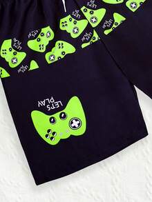 SHEIN 男童松紧腰抽绳游戏印花沙滩短裤，时尚休闲泳裤 - 黑色 - 查看 5