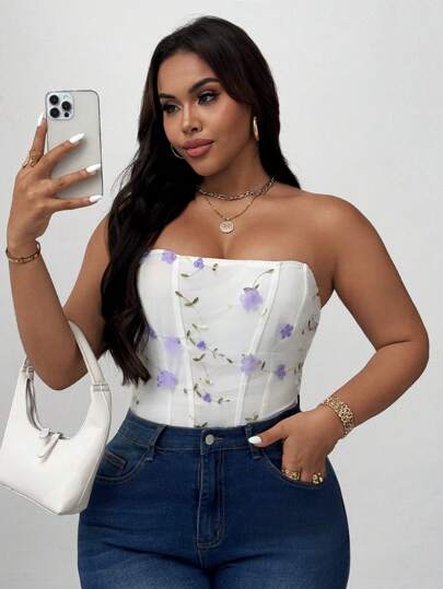 Maweii Plus Size Women Floral Embroidered White Strapless Bandeau Bodysuit, Stylish For Summer