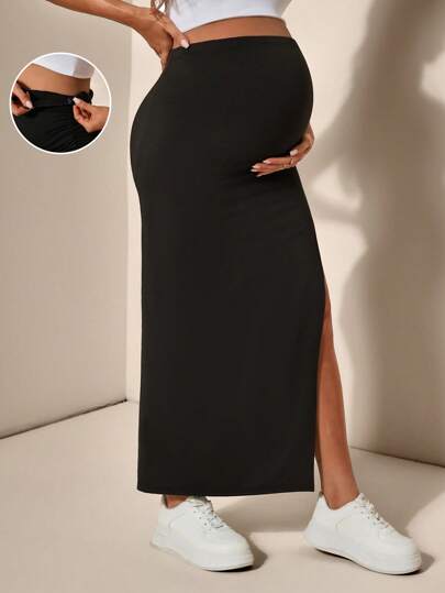 SHEIN Adjustable Waist Slim Fit Slit Maternity Skirt Maternity Trousers  Women Maternity Clothes World Cup