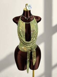 Amplova Top de tirantes con cuello drapeado y espalda con lazo, sexy, para mujer, ideal para vacaciones de verano - Verde - Ver 1