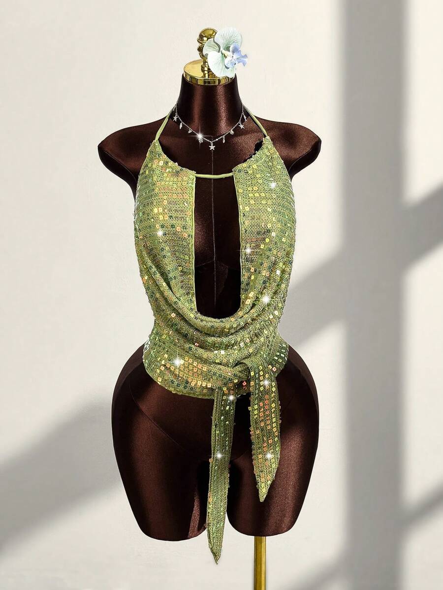 Amplova Top de tirantes con cuello drapeado y espalda con lazo, sexy, para mujer, ideal para vacaciones de verano - Verde - Ver 1