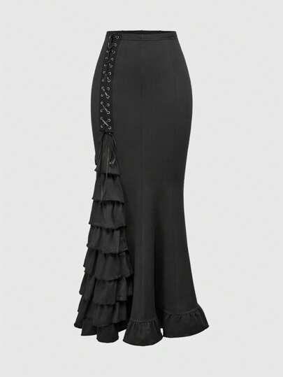 Traditional Gothic Palace Style Drawstring Ruffle Detail Fitted Mermaid Maxi Skirt For Women