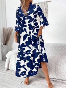 SHEIN LUNE Women's V-Neck Ruched Long Sleeve Dress, Suitable For Autumn,Bohemian Clothes Boho Chic Dress - Multicolor - View 4