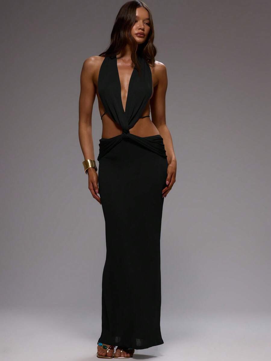 MUSERA 优雅正式露背系带前襟深V露肩侧边直筒修身长裙，可爱性感优雅，适合春夏度假旅行婚礼宾客秋季约会之夜等场合。 - 黑色 - 查看 1