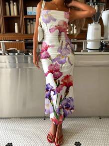 SHEIN EZwear 女士休闲简约度假紫色花卉印花罩衫中长连衣裙，适合度假、音乐节 - 彩色 - 查看 1