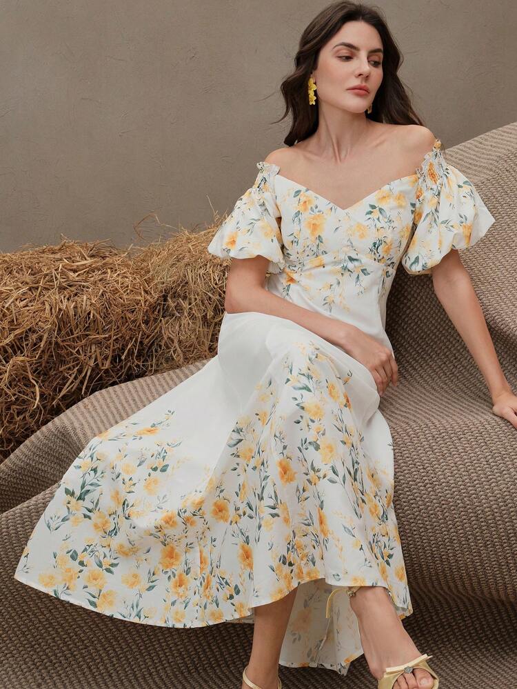 Women's Summer Puff Sleeve Cinched Waist Floral Print Casual Dress, Elegant For Summer, Festival, Holiday, Vacation