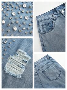 Anewsta 新款时尚闪亮钻石装饰做旧蓝色直筒牛仔裤，适合情人节和派对穿着 - 藍色 - 查看 6