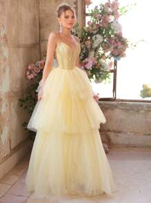 Glamrae Elegante y hermoso vestido de fiesta de satén con profundo escote en V, múltiples capas y detalles de ballenas, ideal para citas, fiestas, graduaciones, ceremonias de boda, ocasiones formales y cenas. Color amarillo claro con tul. - Amarillo - Ver 7
