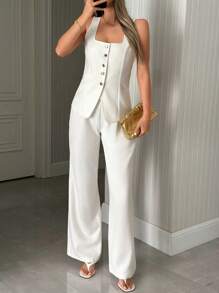 SHEIN Conjunto de chaleco y pantalones de ajuste regular para verano