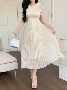 DAZY Women Elegant Solid Color Asymmetric Ruffle Pleated Mid-Calf Dress,Back To School Clothes