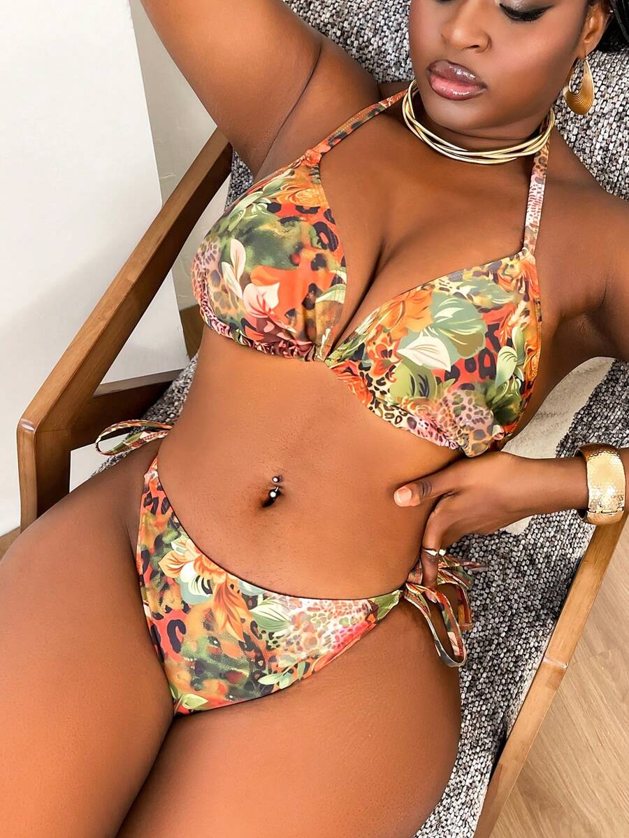 SHEIN Swim Curve Plus Size Vacation Leopard Print Patchwork Swimwear Set - Multicolor - View 1