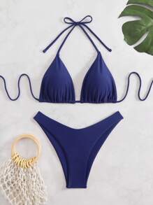 Swim Mod Women's Solid Color Halter Tie Bikini Set Set, Simple & Fashion For Beach, Casual Everyday Wear For Summer Beach Vacation - Blue - View 3