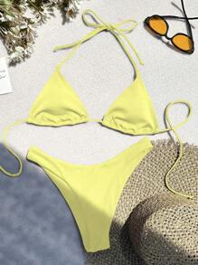 Swim Vcay Summer Beach Halter Triangle High Cut Bikini Set - Yellow - View 4