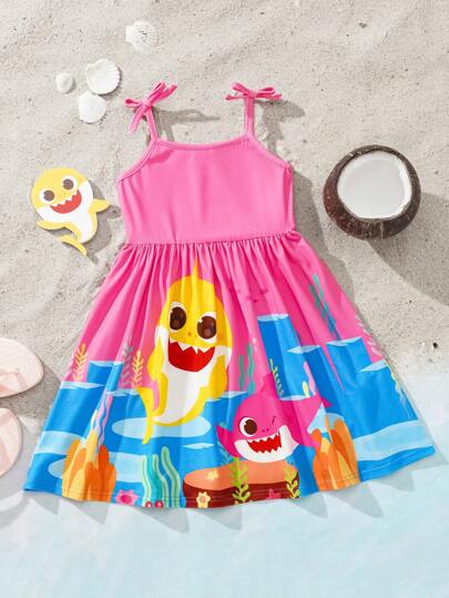 BABY SHARK X SHEIN Young Girl Cartoon Shark Print Pink Bow Cute Sweet Camisole Dress
