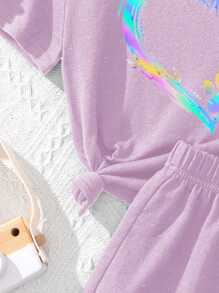 SHEIN Leap Crew Tween Girl Casual Minimalist Short Sleeve And Shorts 2 Pieces Set, Suitable For Summer - Mauve Purple - View 4