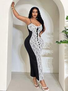 Maweii Plus Size Women's Elegant Romantic Lace Patchwork Slip Dress, Club Party Summer New Arrival