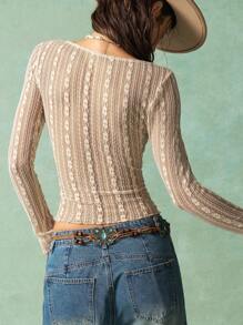 Bohemela Summer BOHO Solid Knit Lace Square Neck Slim Crop Top For Women - Baby Pink - View 6