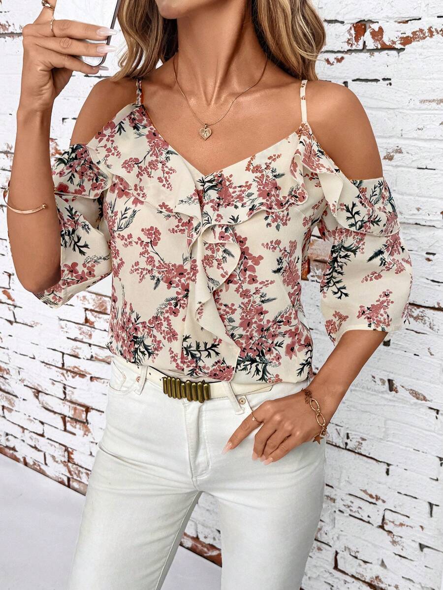SHEIN Clasi Romantic Floral Print Off-Shoulder Ruffled Blouse, Fashionable For Summer Floral - Dusty Pink - View 1