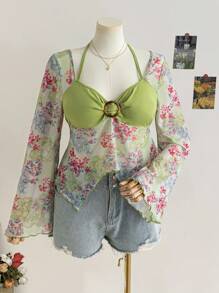 Soleia 大码女式夏季度假上衣，适合返校季，秋季休闲娃娃装上衣，带有花卉印花 - 彩色 - 查看 3