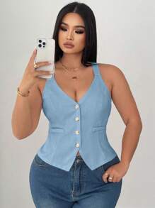Elenzga Plus Size Women Solid Slimming Waist Tight Fitting Suspender Top - Baby Blue - View 6