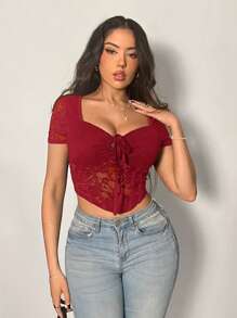 Firerie Áo thun ren bó sát gợi cảm thanh lịch dành cho nữ, phù hợp cho tiệc tùng và đi làm - Màu Đỏ Sâu - Xem 6