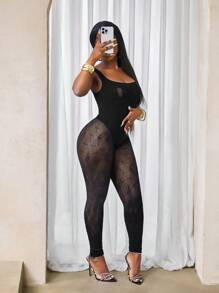 BamGleam Sexy Mesh Jumpsuit, Solid Color Round Neck Sheer Sleeveless - Black - View 3