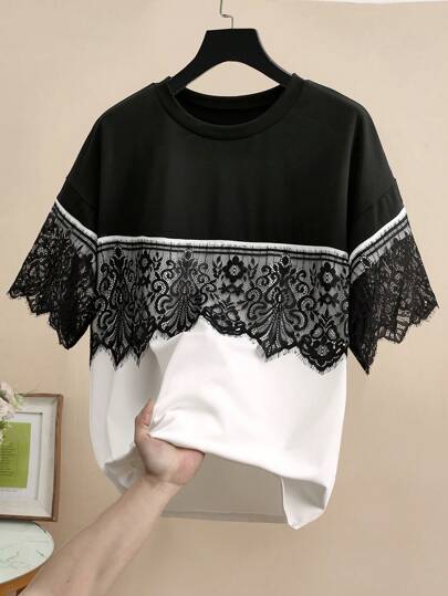 SHEIN Clasi 大码夏季撞色蕾丝圆领T恤