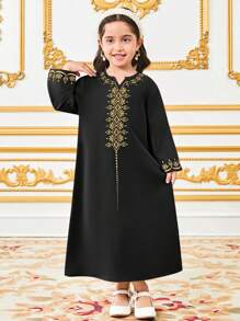 SHEIN Young Girl Retro Patterned Maxi Long Dress - Black - View 4