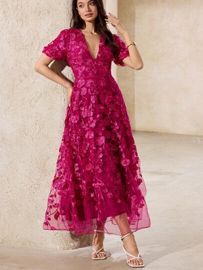 Aveloria Rosie Romantic Solid Color 3D Floral V-Neck Short Sleeve Dress For Women, Summer Elegant Fashionable Style For Spring Fall