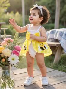 Mono sin mangas con estampado de abeja de miel lindo y de dibujos animados para bebés niñas, verano - Amarillo - Ver 1