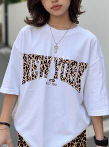 Tween Girls Casual Minimalist Leopard Print Letter Graphic Homewear T-Shirt Sleepwear - Multicolor - View 4