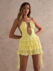 Glamine 女士夏季黄色浪漫度假蕾丝丝带蛋糕系带露背迷你连衣裙，女士短裙，女士黄色连衣裙，女士夏季短裙，女士服装夏季套装，毕业礼服，女士沙滩装 - 黃色 - 查看 3