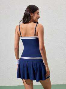 Gameset SHEIN Sport Women's Dual Color Printed Elastic Suspender Adjustable Tennis Casual Slip Resistant Two Pieces A-Line Dress, All Season - Navy Blue - View 2