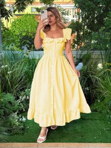 Flirla Plus Size Women Striped Print Ruffle Hem Maxi Dress - Yellow - View 5