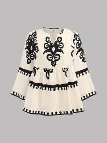 SHEIN Nastolatki Eid Al Adha, Ramadan, Święto Narodowe, Walentynki, Chinoiserie, Narodowe, Luźna koszula z nadrukiem kwiatowym i szerokie spodnie 2 sztuki - Morela - Zobacz 8