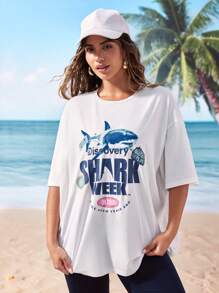Shark Week X SHEIN Tricou cu mânecă scurtă cu decolteu rotund și cu litere, cu mânecă scurtă - alb - Vizualizare 4