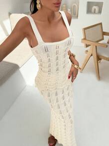 EURMUSE Women Solid Color Hollow Out Strap Knit Top & Sweater Skirt Cover Up 2pcs Set