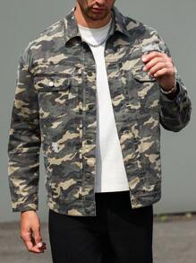 Manfinity Homme Men Camouflage Print Single Breasted Front Pocket Denim Jacket, Fall - Army Green - View 4