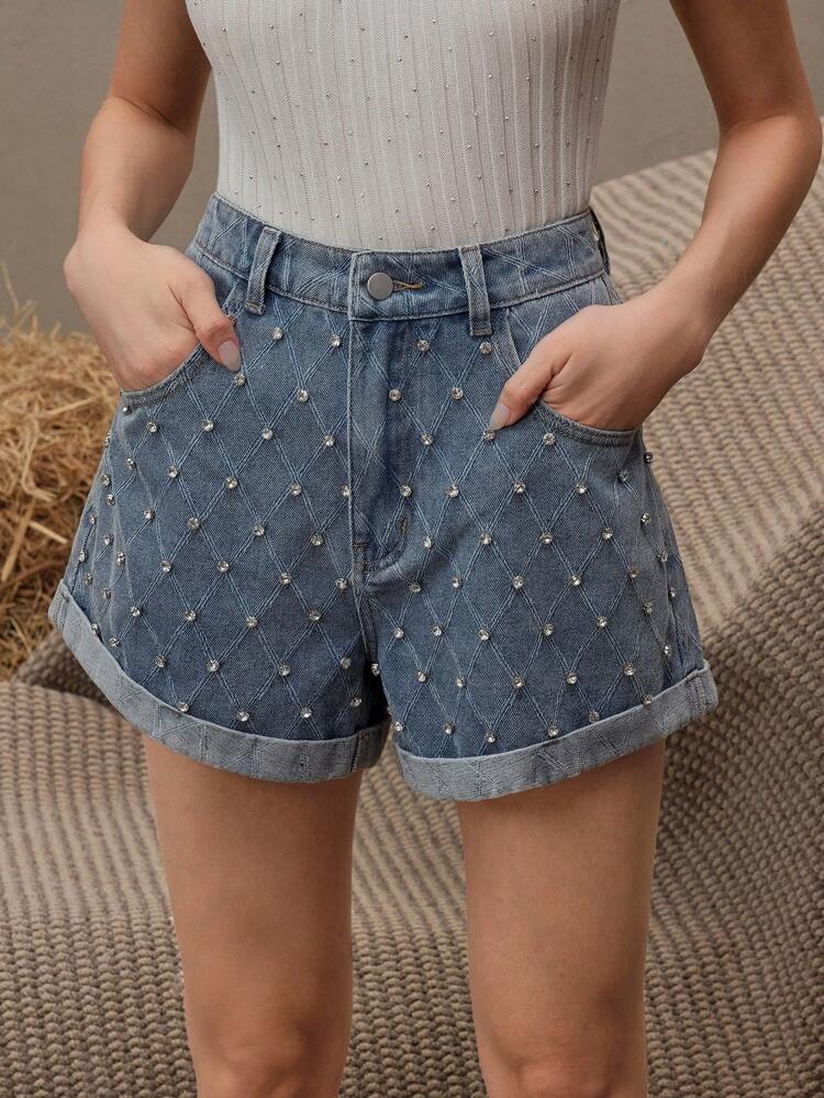Shorts Denim Azuis Femininos Muito Enfeitados com Strass, Estilo Europeu e Americano Moderno para Festa/Dia dos Namorados