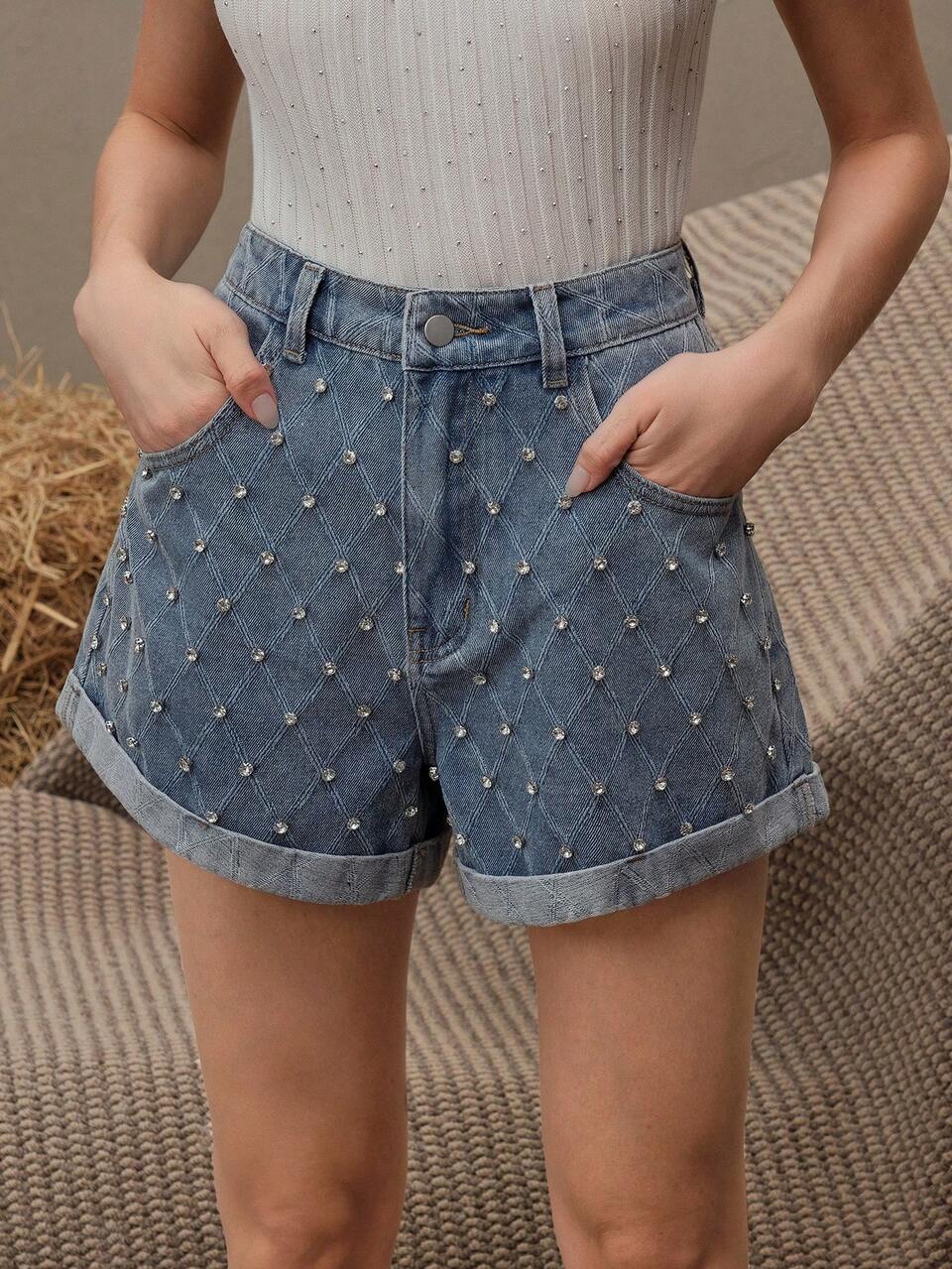 Women's New Fashionable European And American Style Party/Valentine's Day Heavily Embellished Rhinestone Denim Shorts, Blue