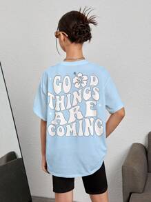 SHEIN Good Things Are Coming, Vacation Style, Slogan Print, Casual Minimalist Short Sleeve T-Shirt For Teen Girls, Suitable For Summer - Blue - View 4