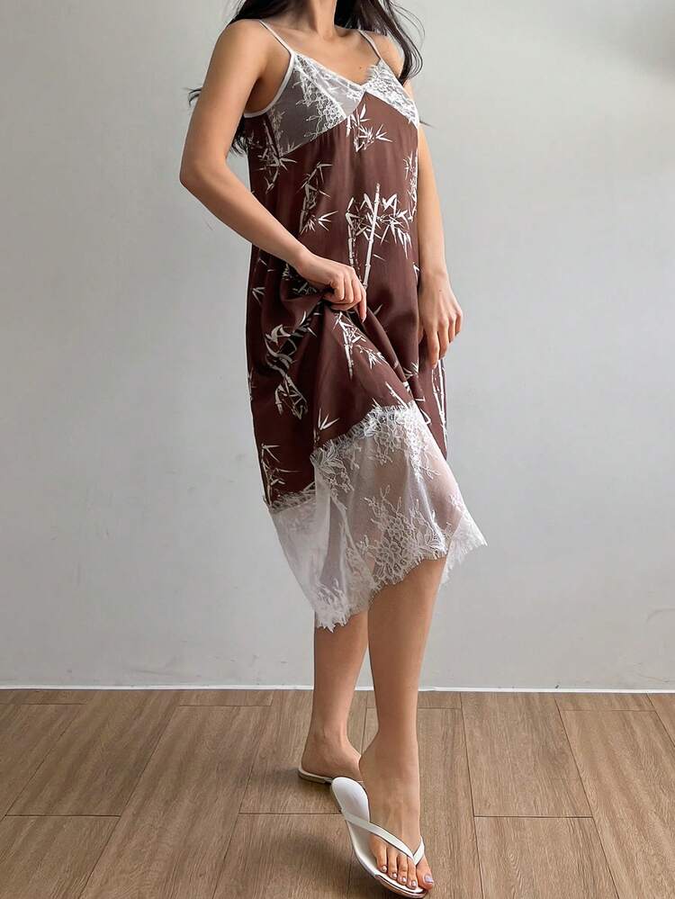 Chinese Style Bamboo Print Contrast Color Lace Patchwork Slip Dress For Women Pajama