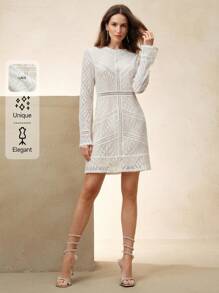 Anewsta 婚礼宾客礼服，春季：优雅时尚半透明镂空蕾丝圆领女士迷你连衣裙 - 白色 - 查看 1